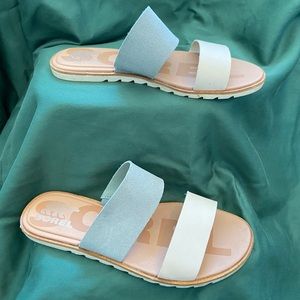 Sorel Ella II Slide Crushed Blue/Chalk Leather Two Strap Slip-on Sandals 8.5